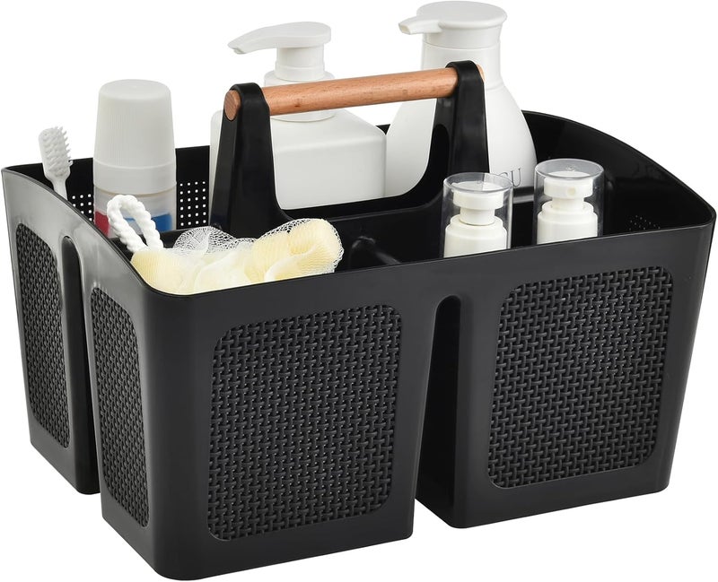 A-Link Portable Shower Caddy Basket with Compartments, Plastic Divided Cleaning Caddy Organizer Storage Tote with Handle for Bathroom, College, Dorm Room Essentials, Black - Image 1